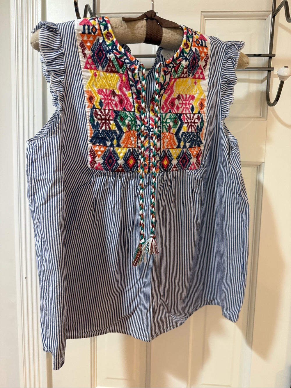 Embroidered Blue Stripe Sleeveless Women’s Top